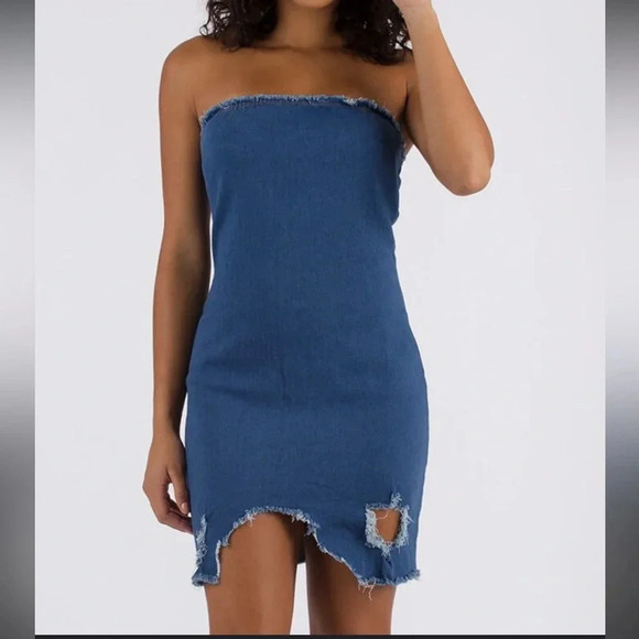 BETTER BE DISTRESSED DENIM STRAPLESS DRESS - Picture 1 of 5